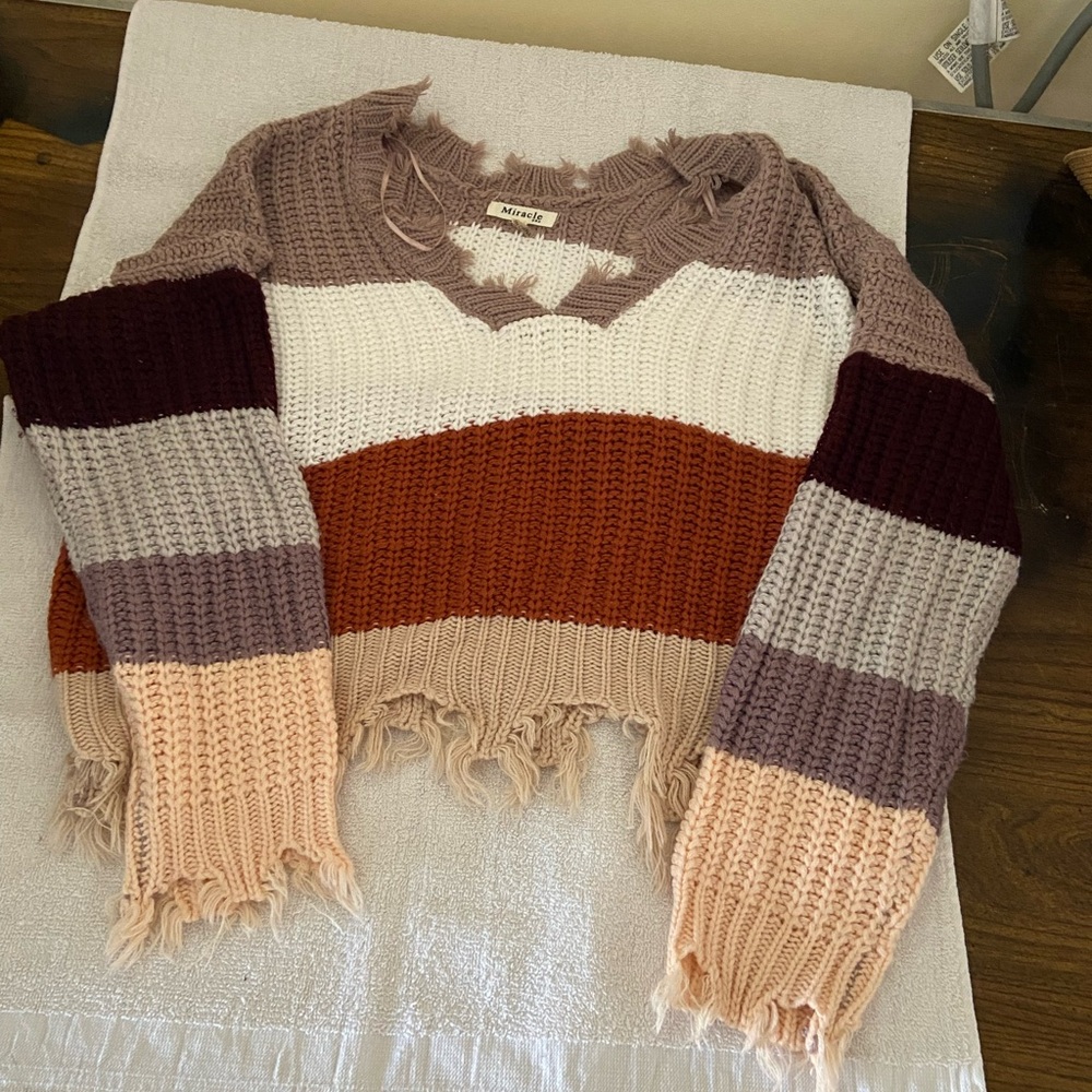 Miracle USA Textured Knit Top in Cream and Tan